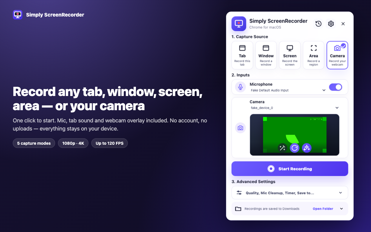 Simply ScreenRecorder popup showing Tab, Window, Screen, Area, and Camera capture modes