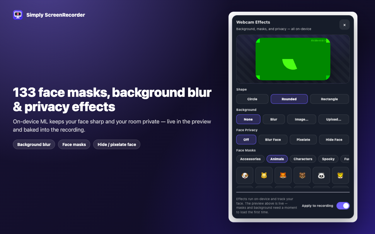 Webcam effects panel with background, face privacy, and face mask controls
