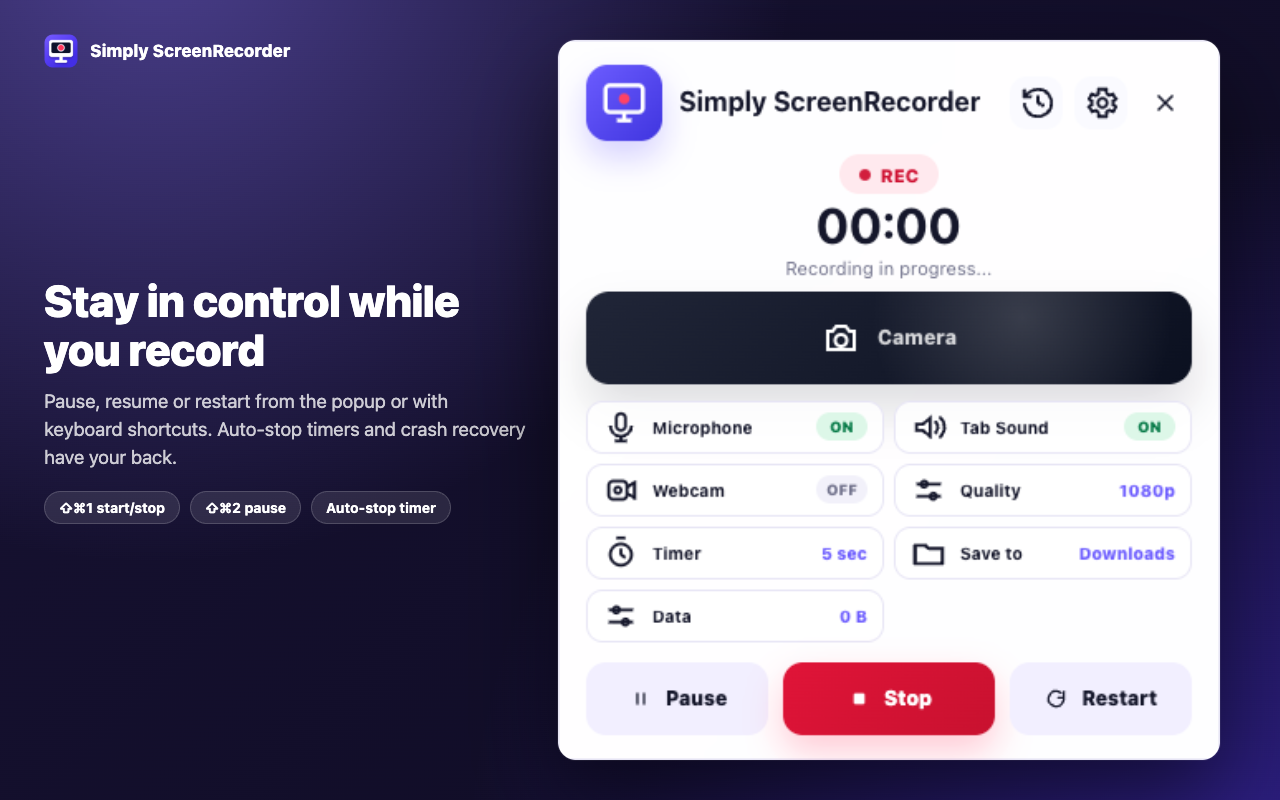 Simply ScreenRecorder controls for pause, stop, restart, audio, camera, quality, and timer